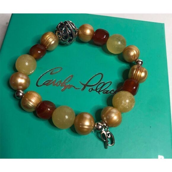 1404 Carolyn Pollack Pearl Citrine beaded stretch Bracelet  28 grams - Picture 1 of 2